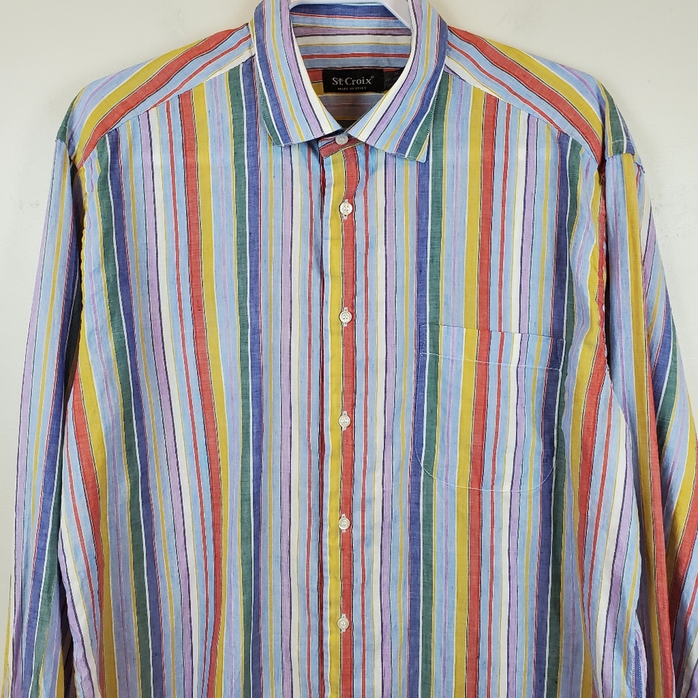 St Croix Italy Rainbow Stripe Linen Button Up Shirt Size XL Mens Long Sleeve